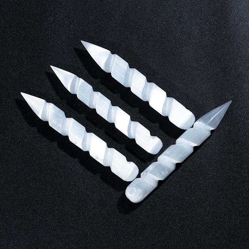 Wholesale natural white selenite gypsum carving pointed spiral wands