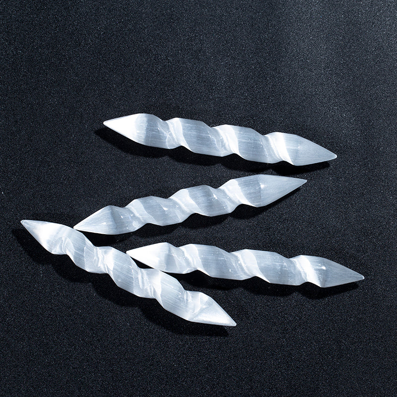 Natural white selenite double point spiral wand white gypsum massage stick
