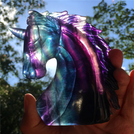 High quality natural rainbow hand carved unicorn fluorite quartz