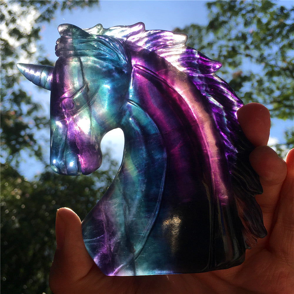High quality natural rainbow hand carved unicorn fluorite quartz