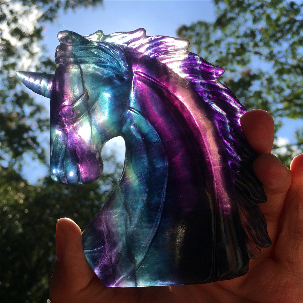 High quality natural rainbow hand carved unicorn fluorite quartz