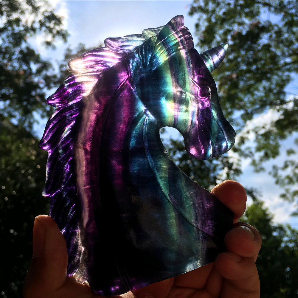 High quality natural rainbow hand carved unicorn fluorite quartz