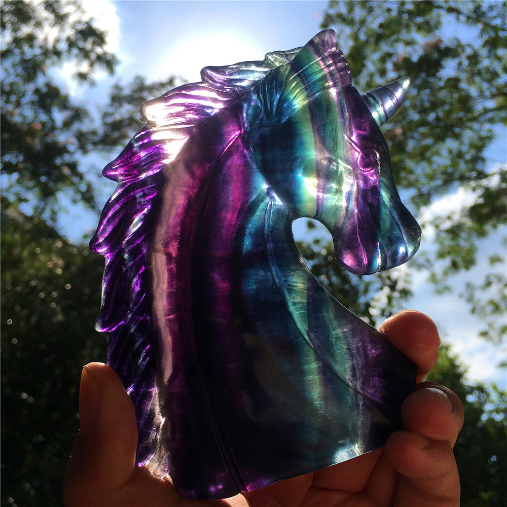 High quality natural rainbow hand carved unicorn fluorite quartz