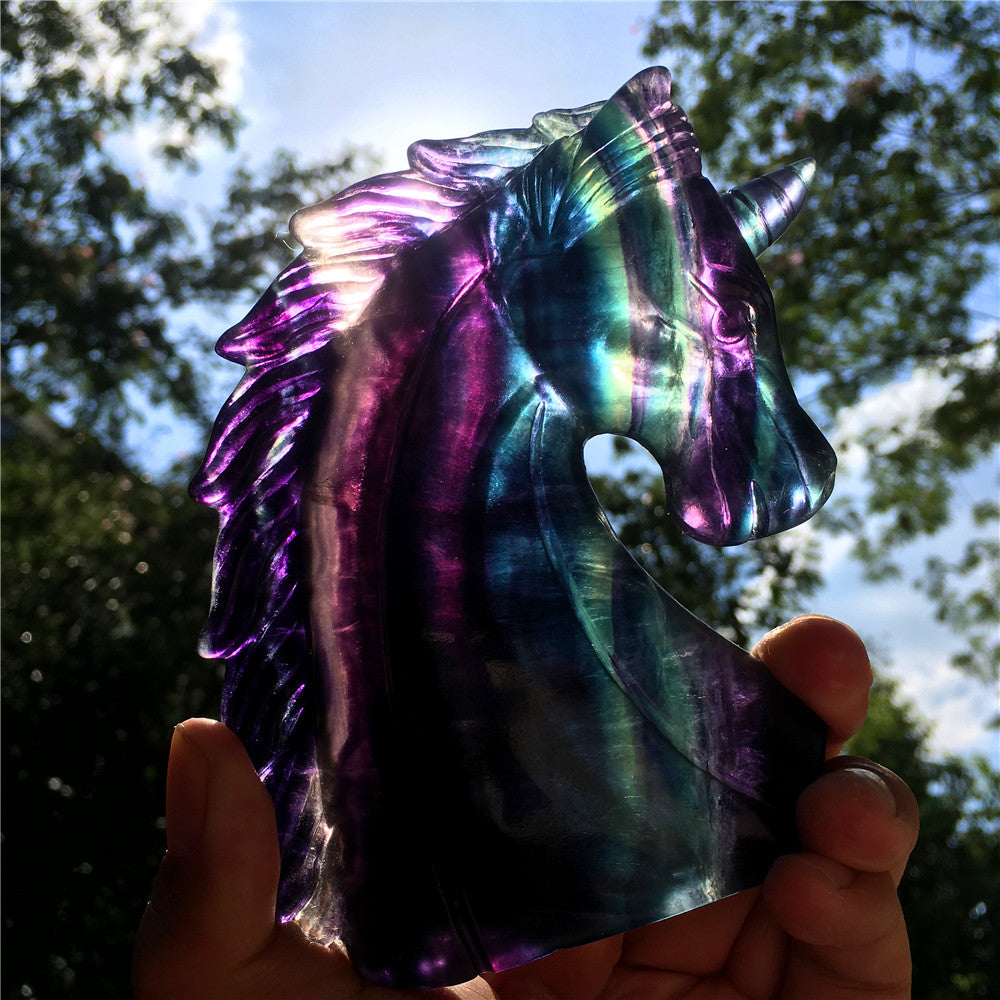 High quality natural rainbow hand carved unicorn fluorite quartz