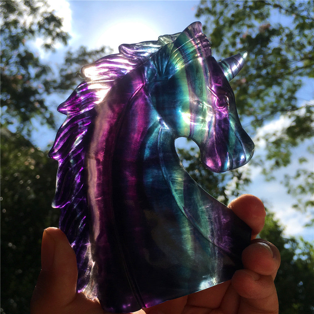 High quality natural rainbow hand carved unicorn fluorite quartz