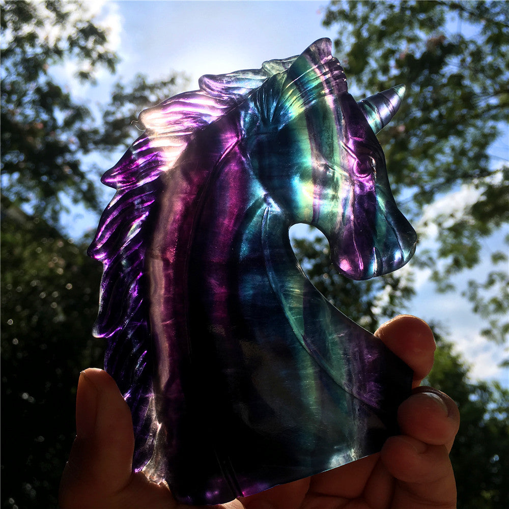 High quality natural rainbow hand carved unicorn fluorite quartz