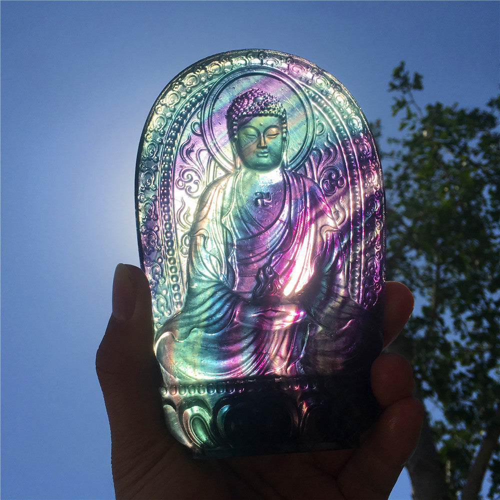 High quality natural rainbow hand carved Sakyamuni fluorite quartz