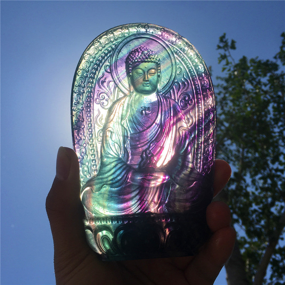 High quality natural rainbow hand carved Sakyamuni fluorite quartz
