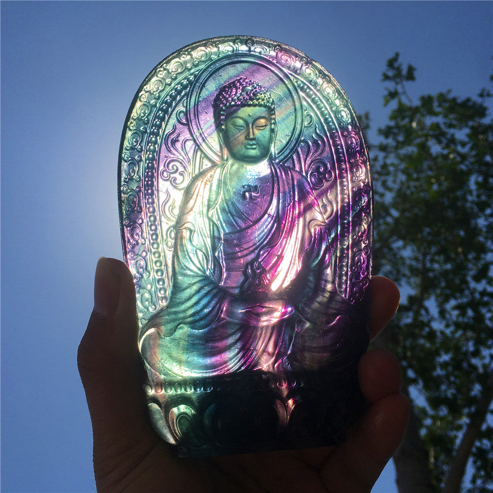 High quality natural rainbow hand carved Sakyamuni fluorite quartz