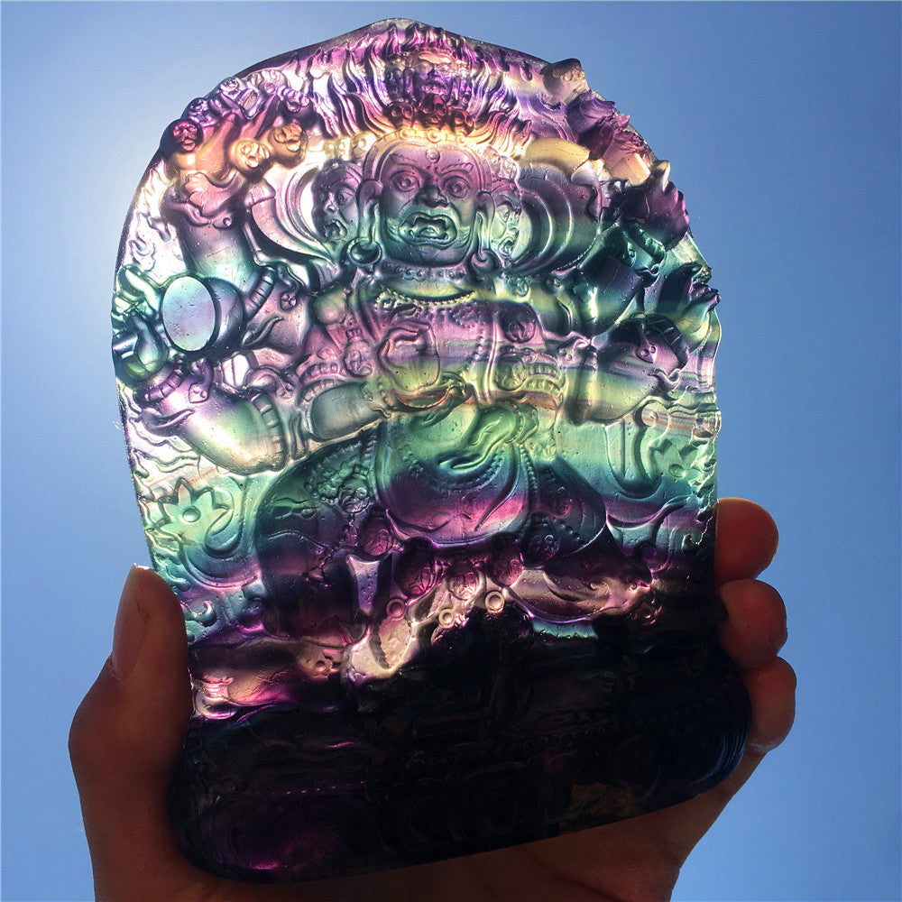 High quality natural rainbow hand carved Mahākāla fluorite quartz