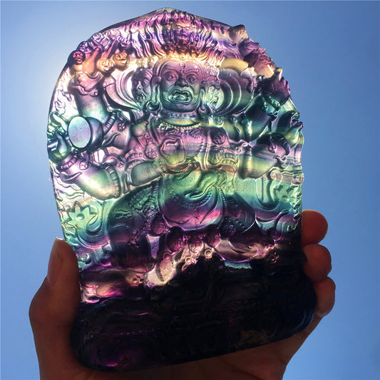 High quality natural rainbow hand carved Mahākāla fluorite quartz
