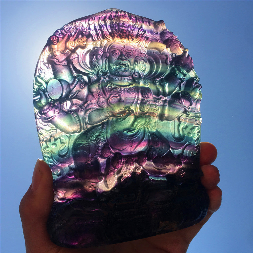 High quality natural rainbow hand carved Mahākāla fluorite quartz