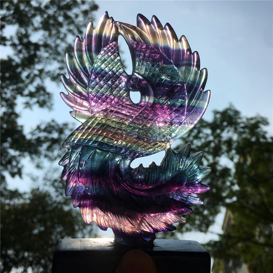 High quality rainbow hand engraving Phoenix fluorite