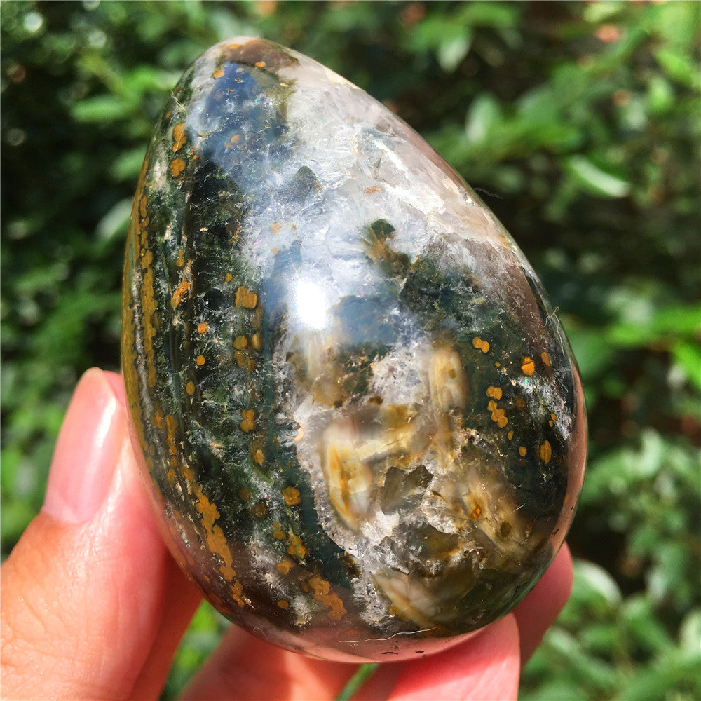 324G  Crystal carved egg of Ocean Jasper  F10