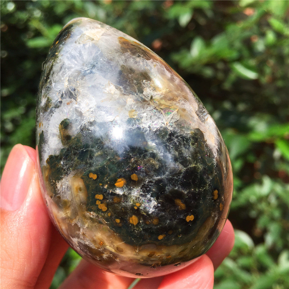324G  Crystal carved egg of Ocean Jasper  F10