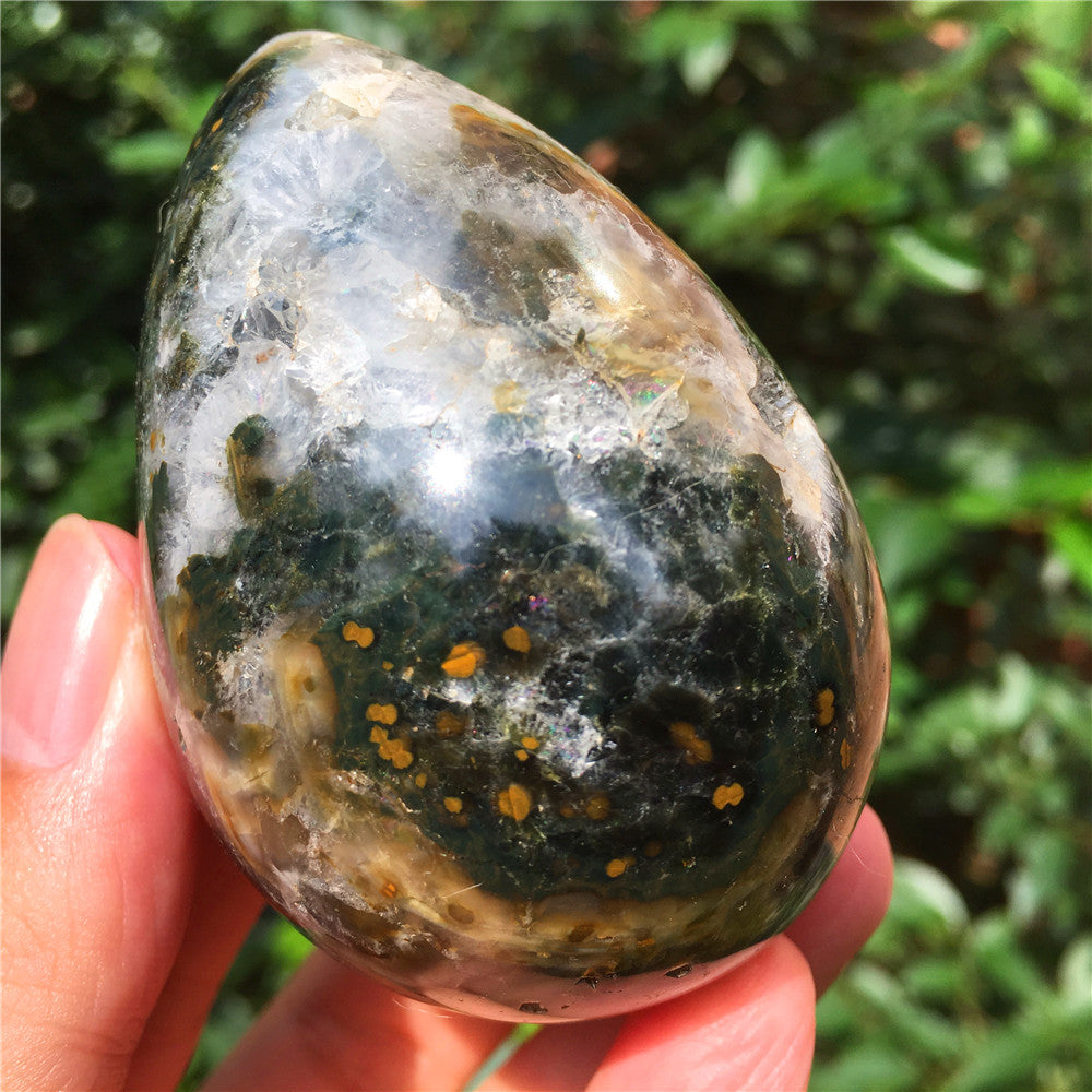324G  Crystal carved egg of Ocean Jasper  F10