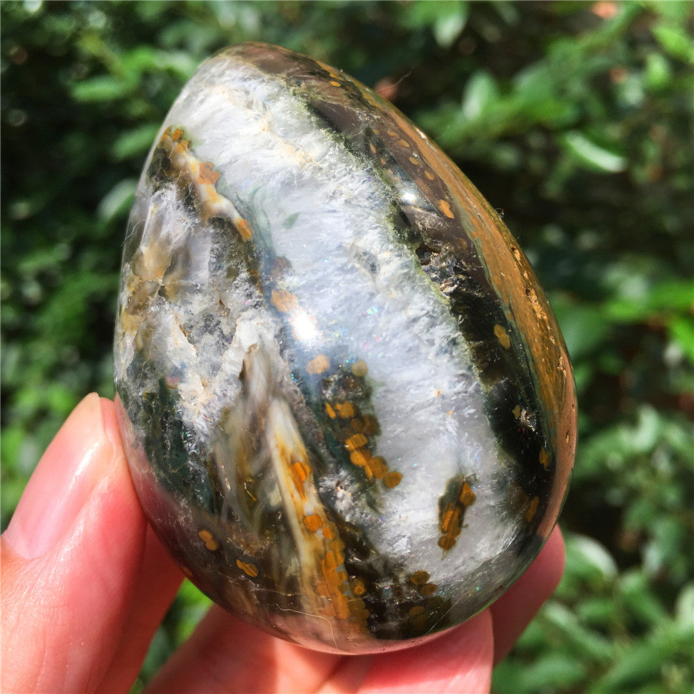 324G  Crystal carved egg of Ocean Jasper  F10