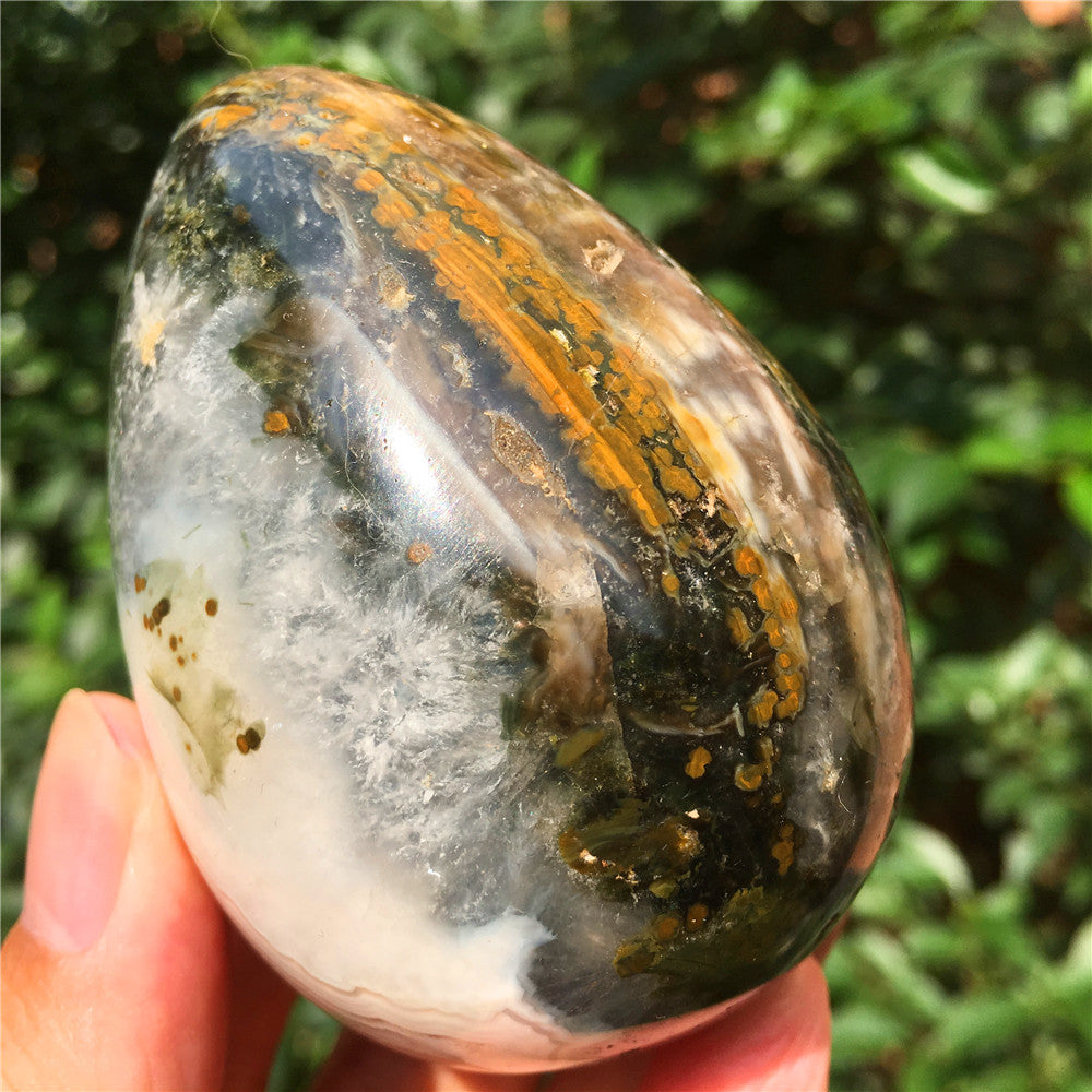 324G  Crystal carved egg of Ocean Jasper  F10