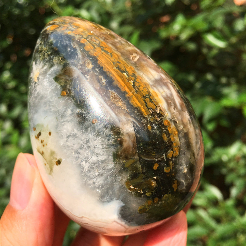 324G  Crystal carved egg of Ocean Jasper  F10