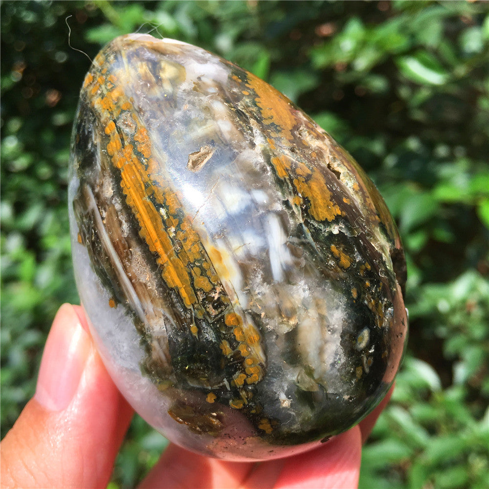 324G  Crystal carved egg of Ocean Jasper  F10
