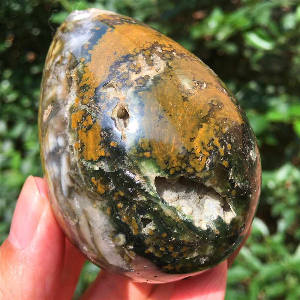 324G  Crystal carved egg of Ocean Jasper  F10