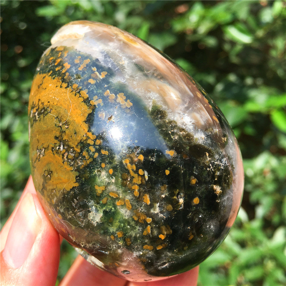 324G  Crystal carved egg of Ocean Jasper  F10
