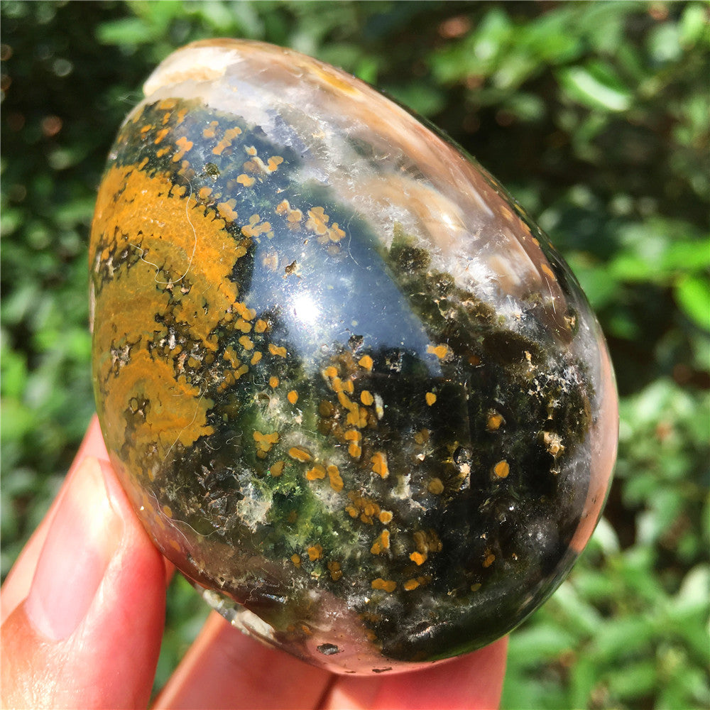 324G  Crystal carved egg of Ocean Jasper  F10