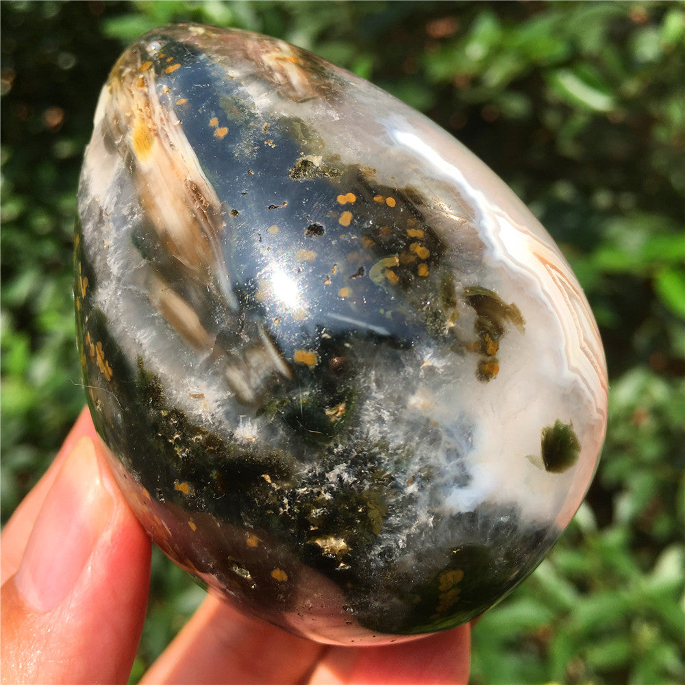 324G  Crystal carved egg of Ocean Jasper  F10