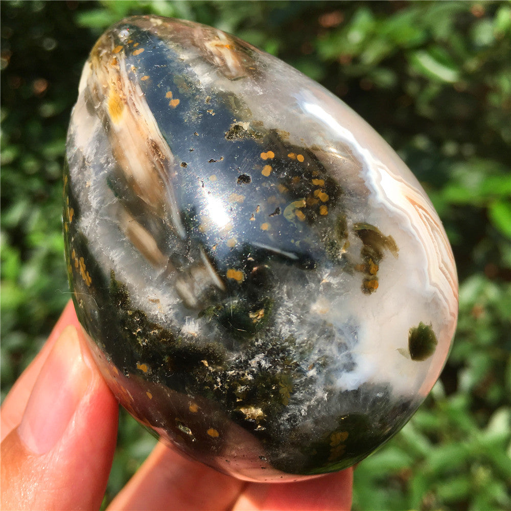 324G  Crystal carved egg of Ocean Jasper  F10