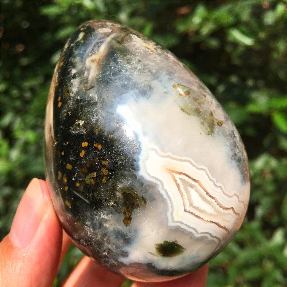 324G  Crystal carved egg of Ocean Jasper  F10