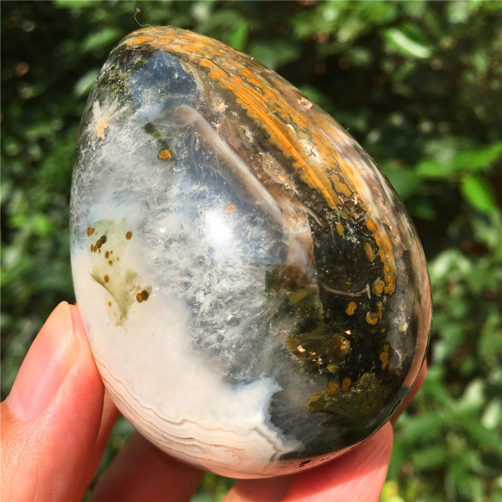 324G  Crystal carved egg of Ocean Jasper  F10