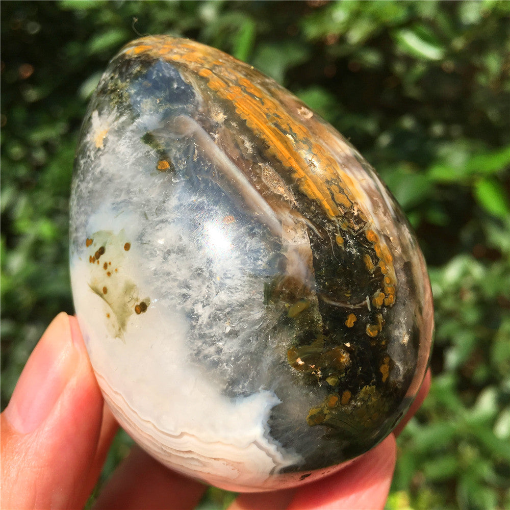 324G  Crystal carved egg of Ocean Jasper  F10