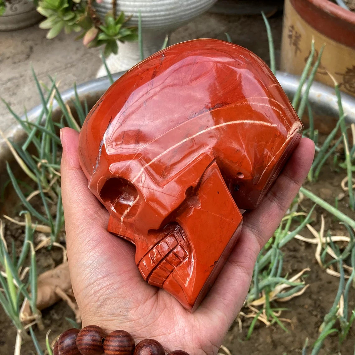 1 個 4 英寸+ 天然手工紅碧玉頭骨，石英紅玉水晶頭骨雕刻，家居裝飾，礦物標本，水晶靈氣治療禮品