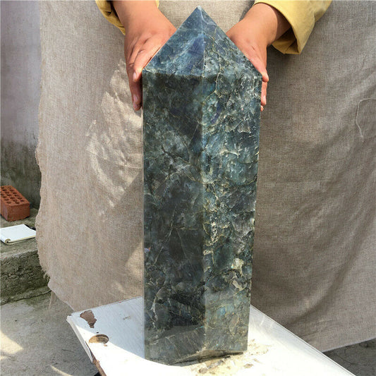 Varita curativa de punto de obelisco de cristal de cuarzo labradorita Natural